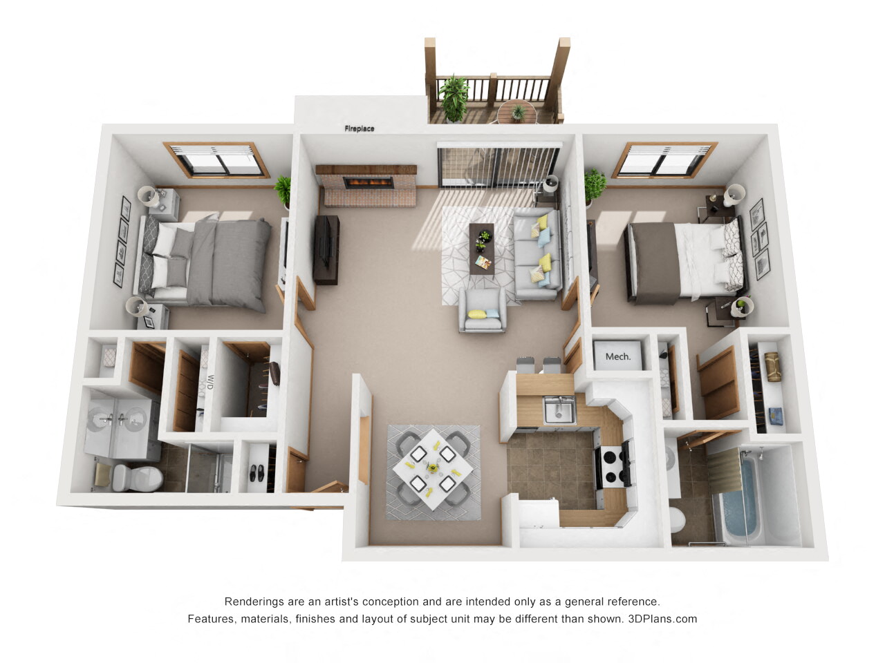 Floor plan for 2 beds, 2 baths, 976 sqft